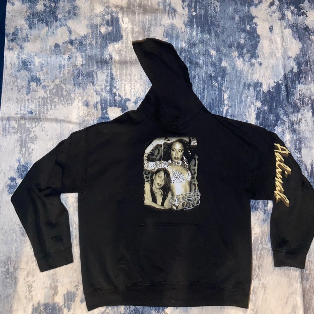 Black Graphic Aaliyah Hoodie with Gold Lettering